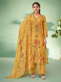 SPRAHA - Simran Mustard Russian Silk Embroidered Kurta with Pant and Dupatta (Set of 3)