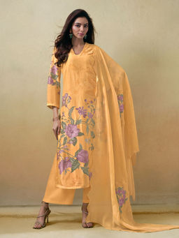 SPRAHA - Suhana Yellow Muslin Floral Print Kurta with Pant and Dupatta (Set of 3)