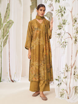 SPRAHA - Sukoon Mustard Muslin Floral Print Kurta with Pant and Dupatta (Set of 3)