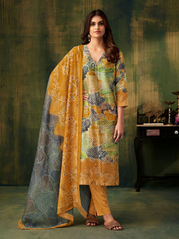 SPRAHA - Tyohar Mustard Embroidered Kurta with Pant and Dupatta (Set of 3)