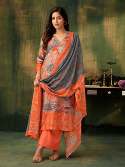 SPRAHA - Tyohar Orange Embroidered Kurta with Pant and Dupatta (Set of 3)