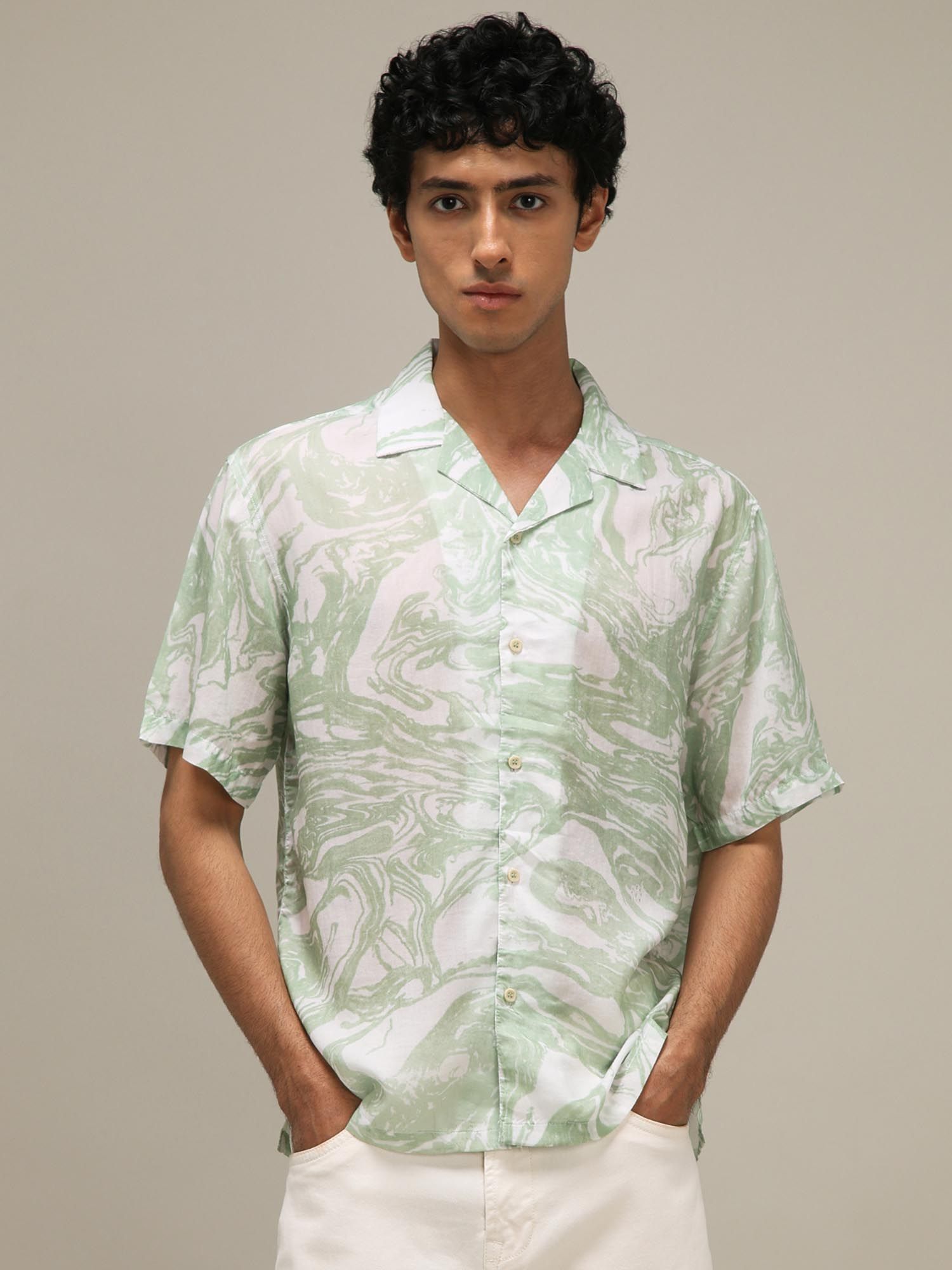 Light Sage Green Abstract Men Shirt