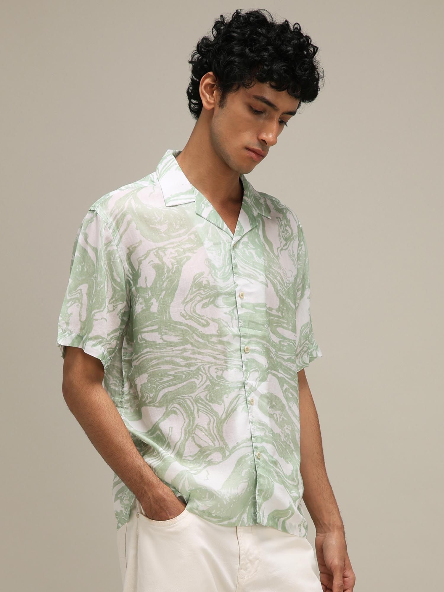 Light Sage Green Abstract Men Shirt
