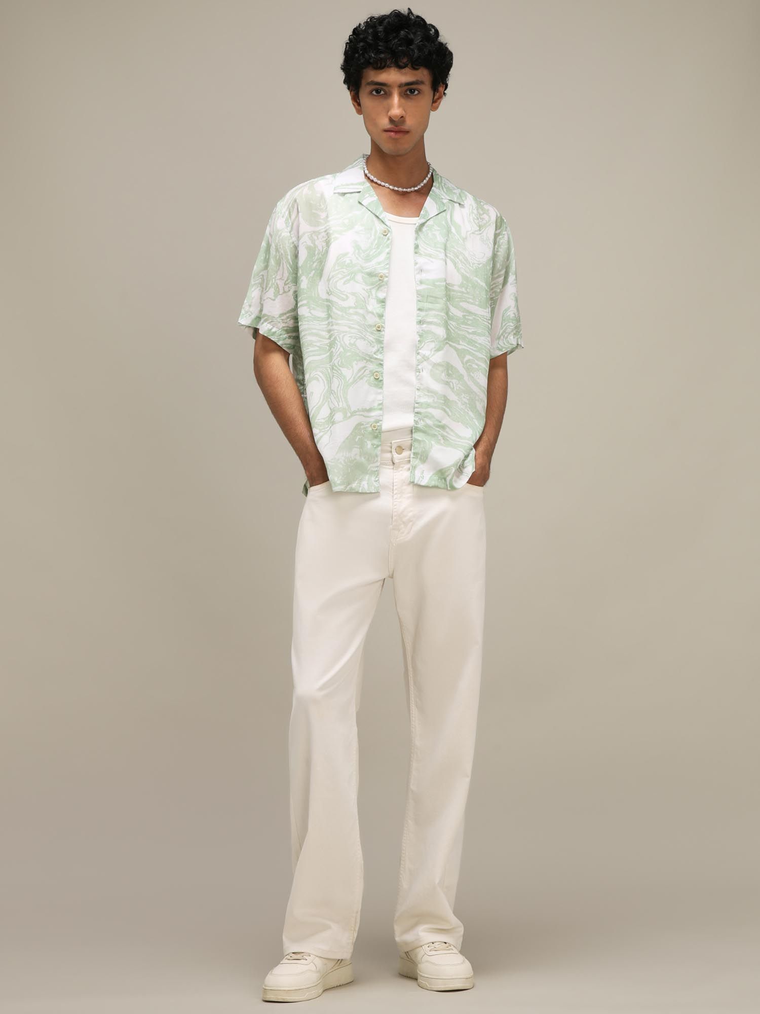 Light Sage Green Abstract Men Shirt