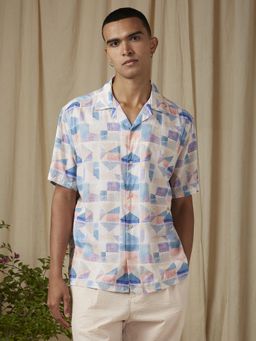 Mufti - Pale Cream White Geometric Men Shirt