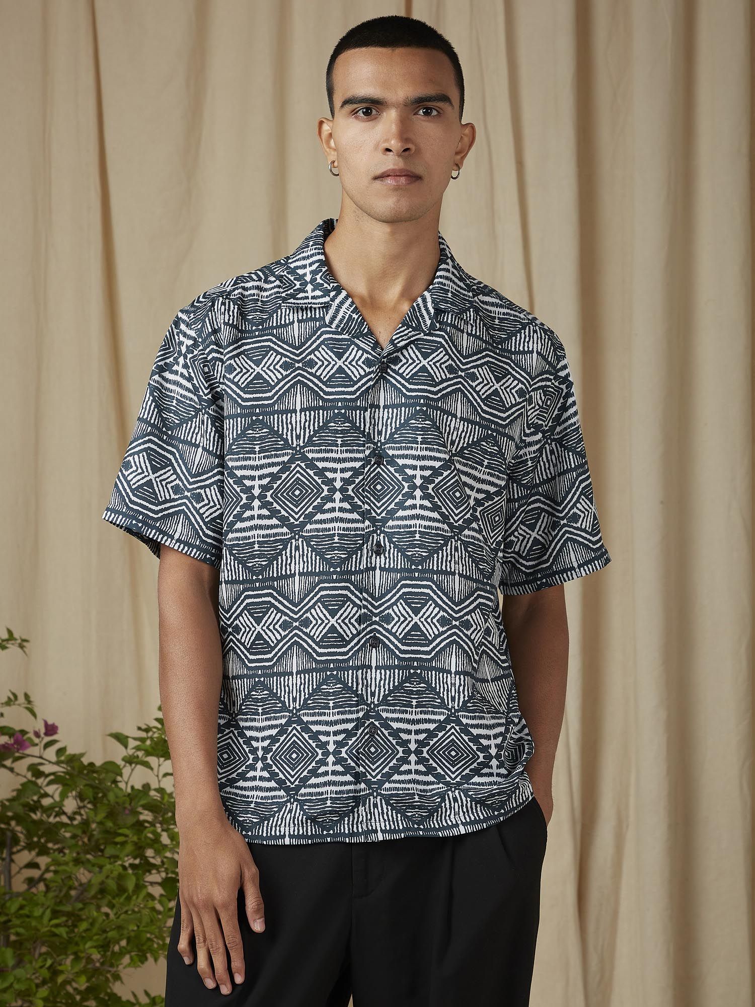 Dark Teal Green Geometric Men Shirt