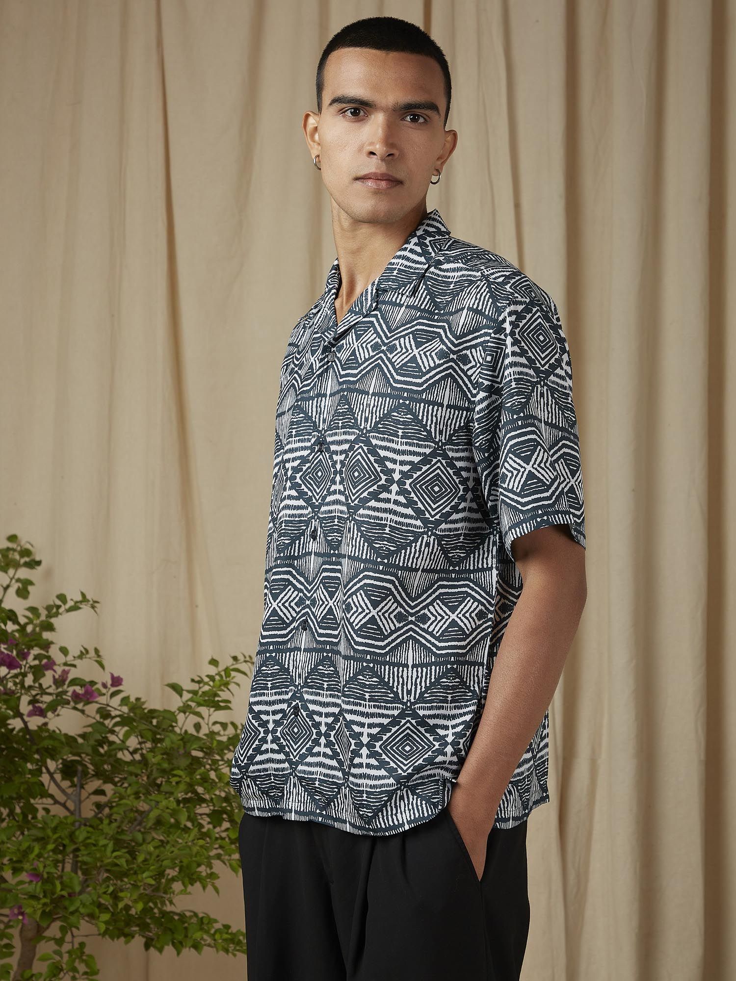 Dark Teal Green Geometric Men Shirt