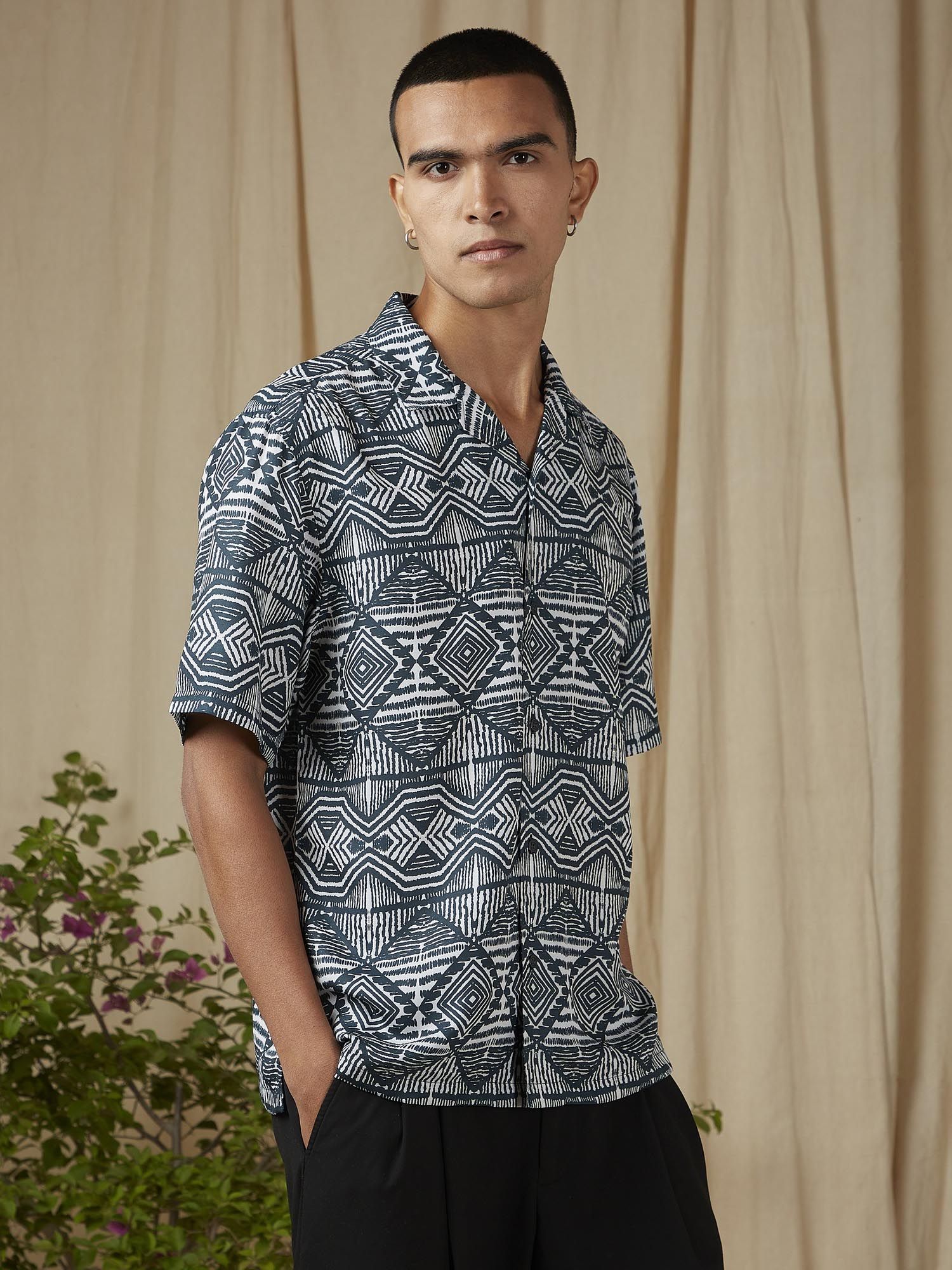 Dark Teal Green Geometric Men Shirt