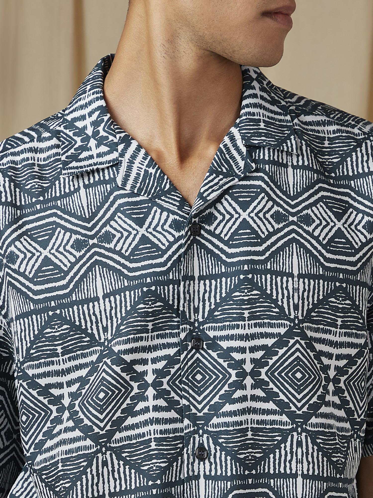 Dark Teal Green Geometric Men Shirt