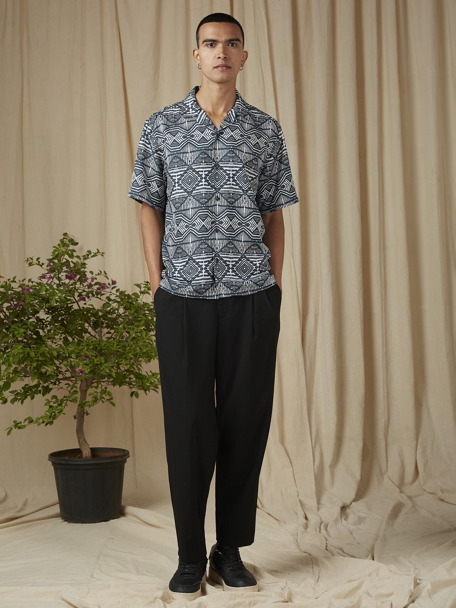Dark Teal Green Geometric Men Shirt