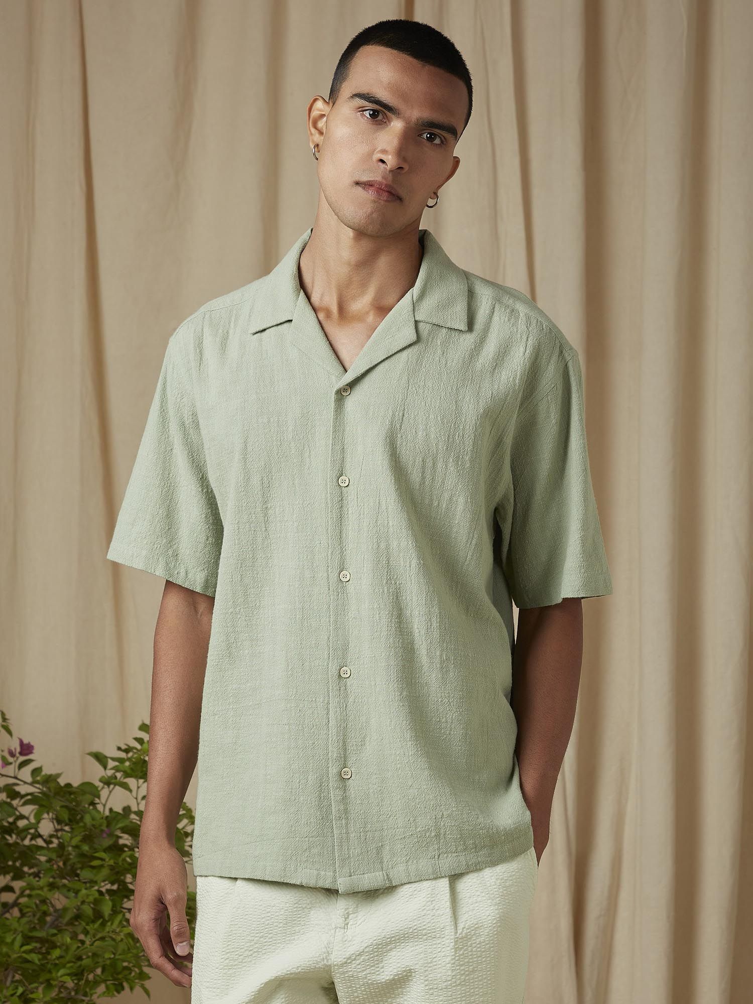 Muted Sage Green Textured Men Shirt