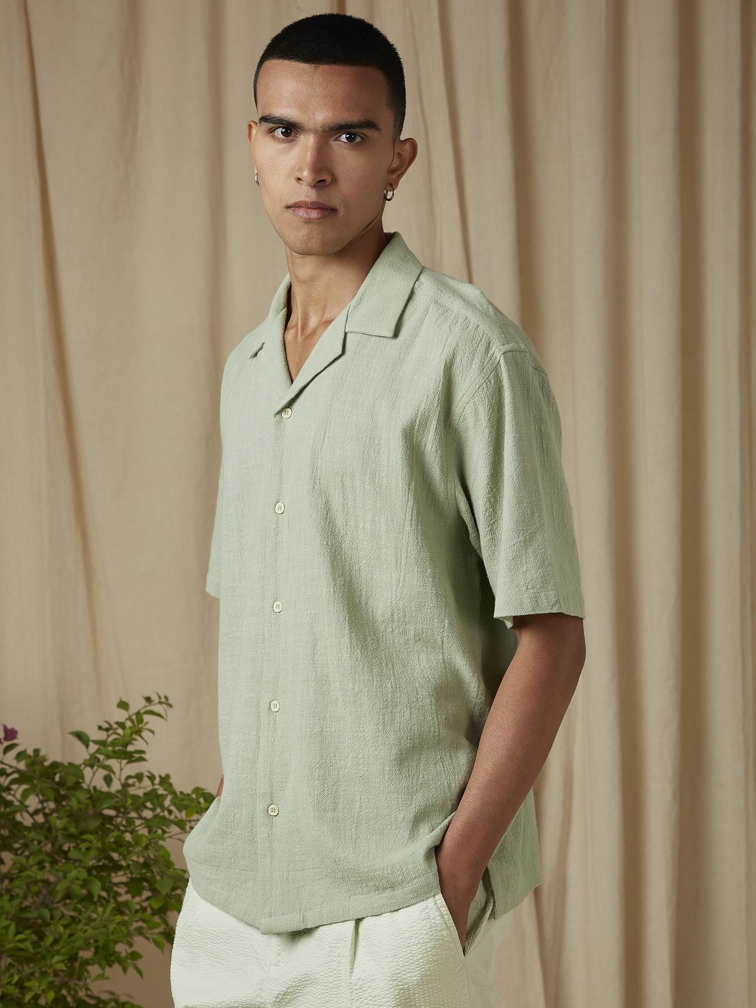 Muted Sage Green Textured Men Shirt