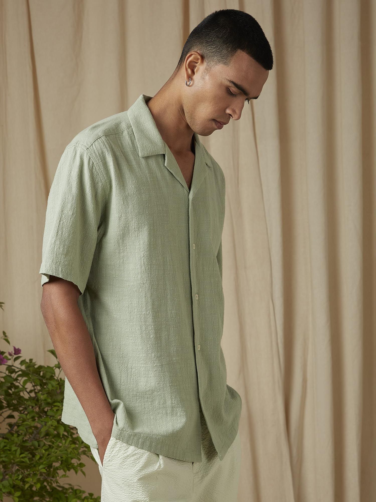 Muted Sage Green Textured Men Shirt
