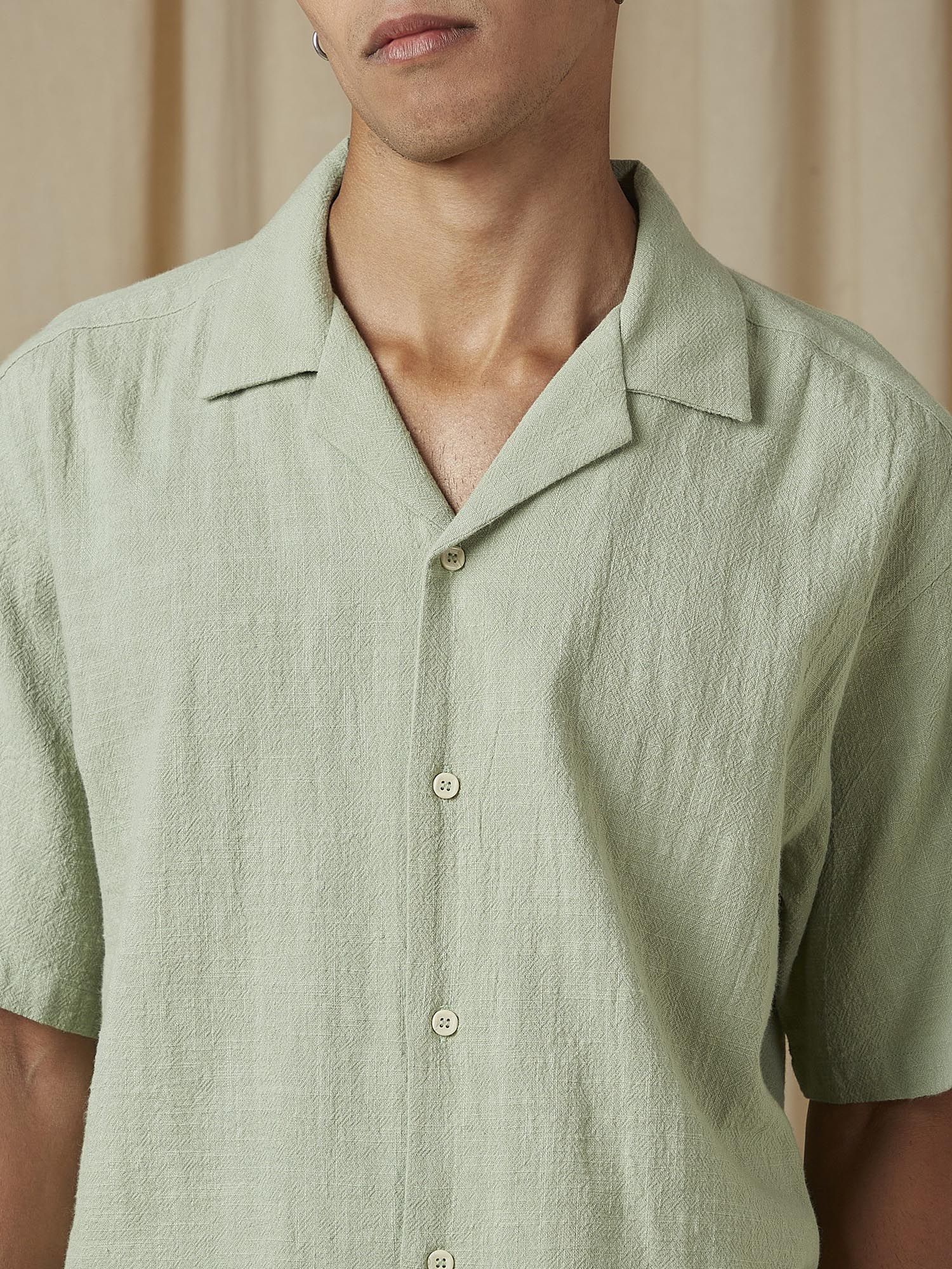 Muted Sage Green Textured Men Shirt