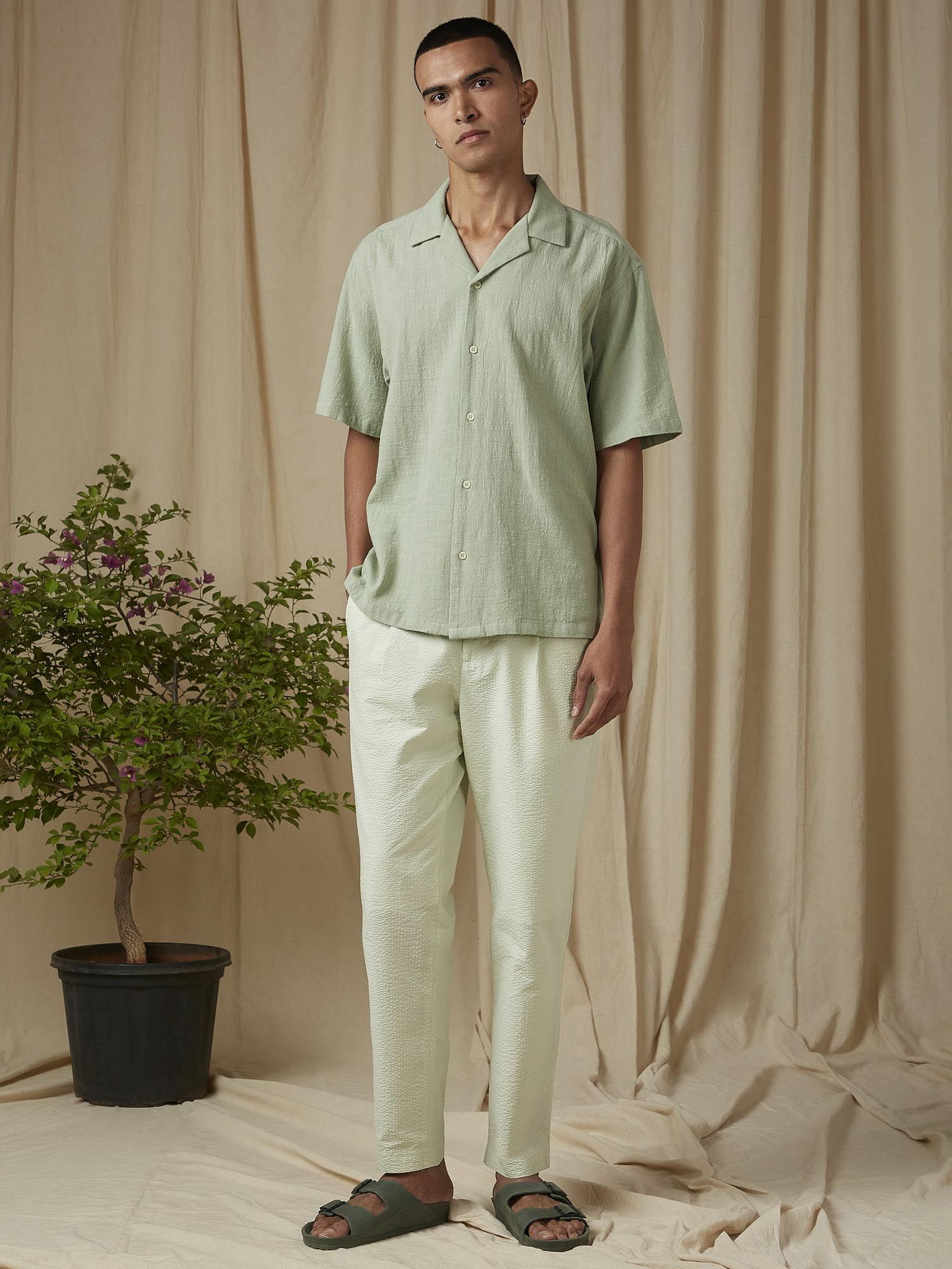 Muted Sage Green Textured Men Shirt
