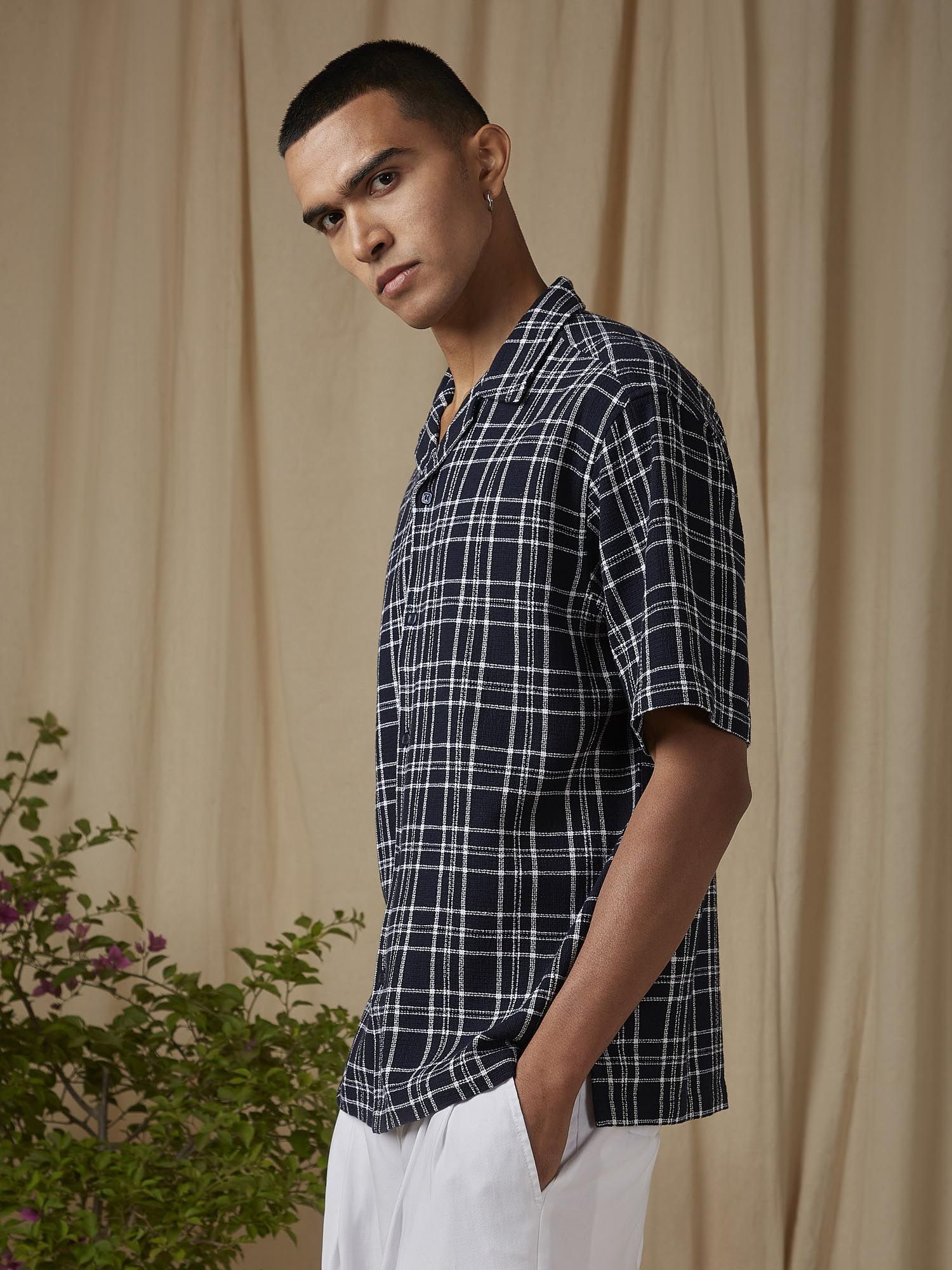 Deep Midnight Navy Blue Checks Men Shirt