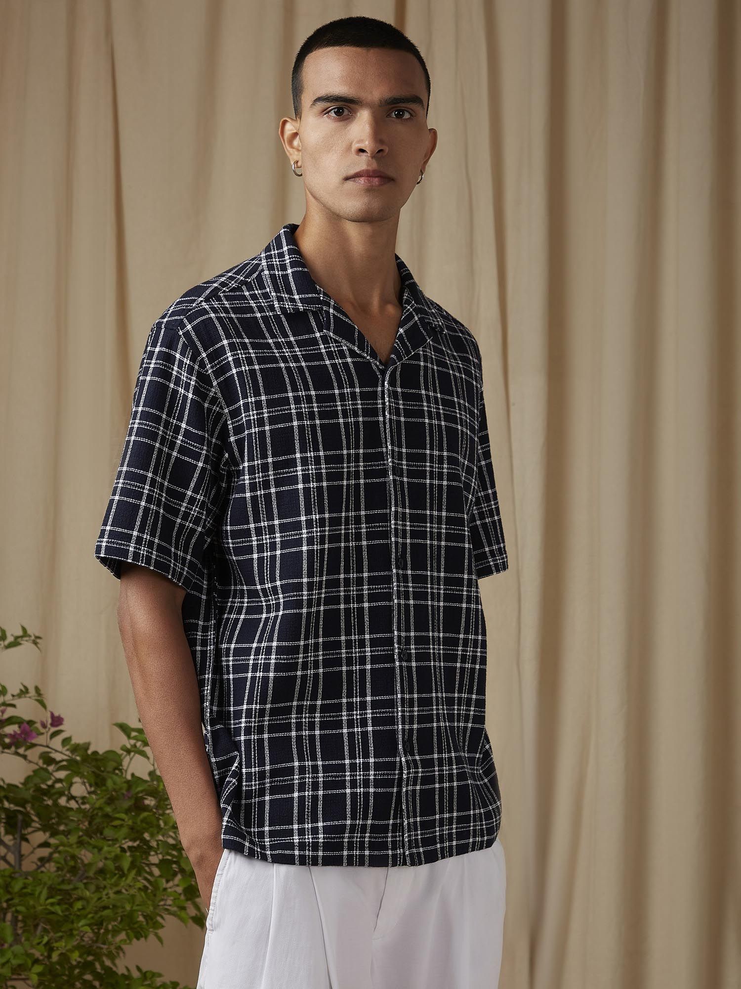 Deep Midnight Navy Blue Checks Men Shirt