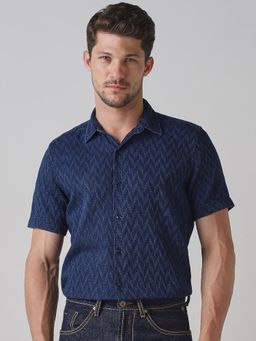 Mufti - Dark Indigo Blue Self Design Men Shirt