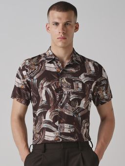 Mufti - Dark Brown Abstract Men Shirt