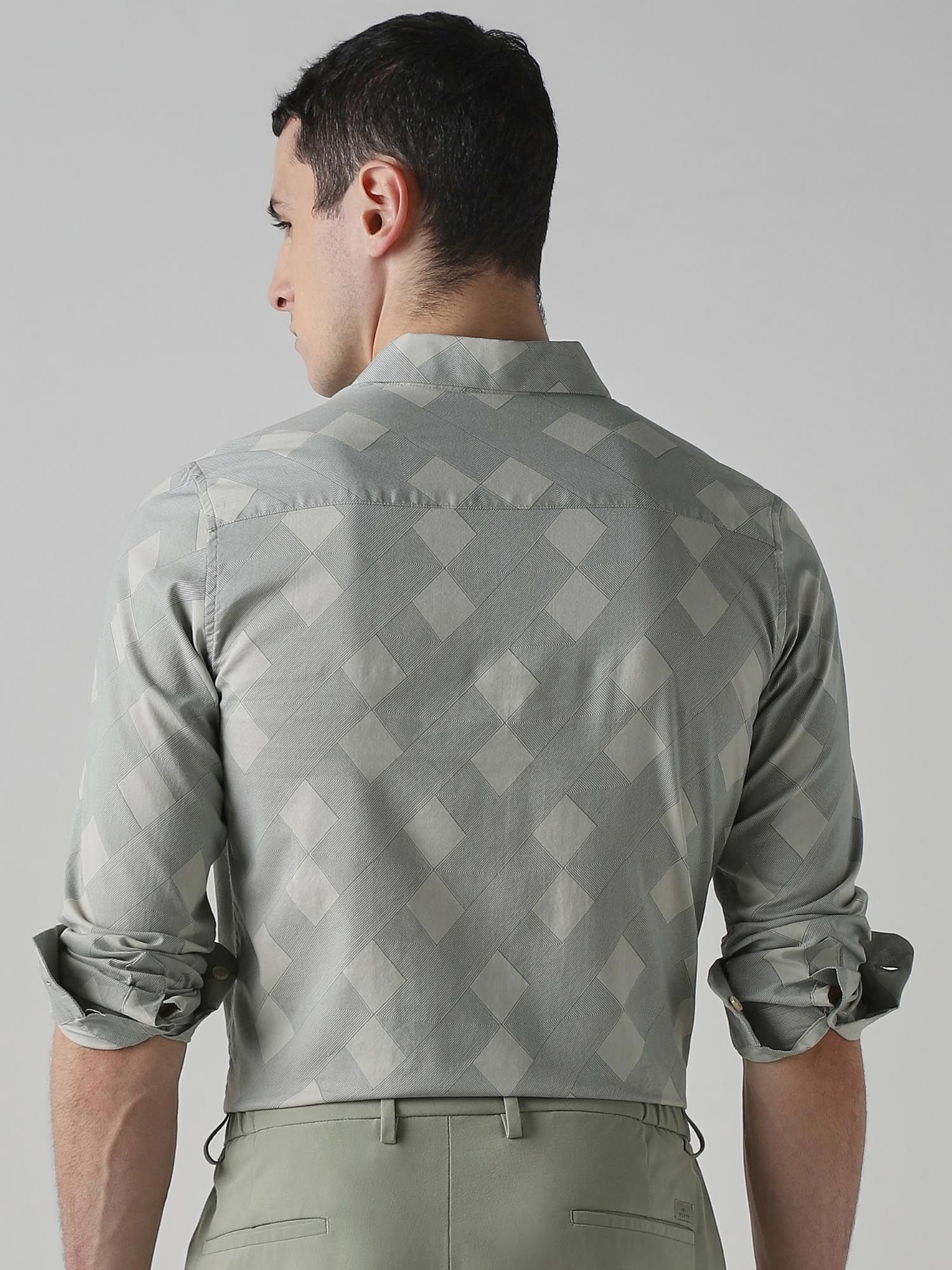 Muted Sage Green Geometric Men Shirt