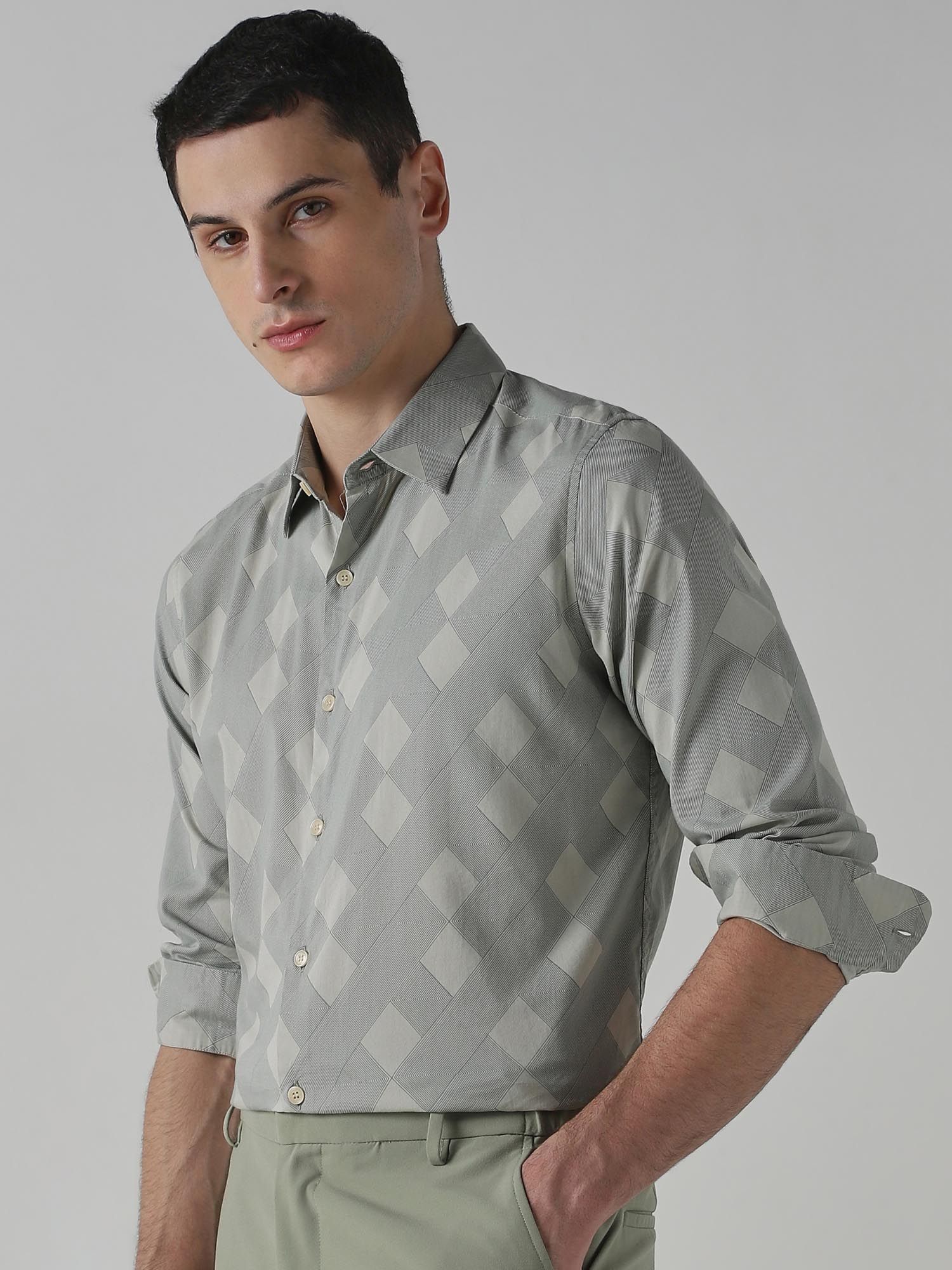 Muted Sage Green Geometric Men Shirt