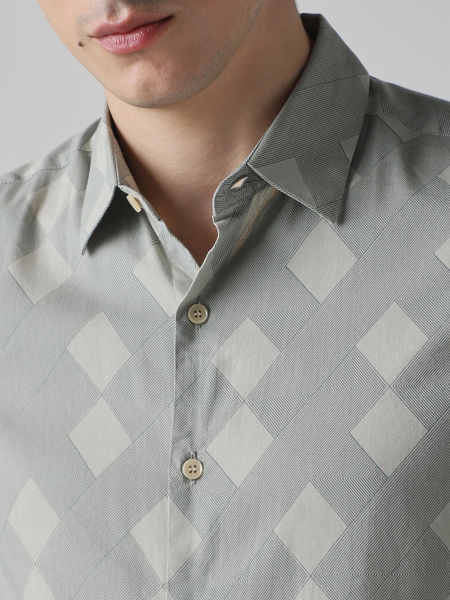 Muted Sage Green Geometric Men Shirt