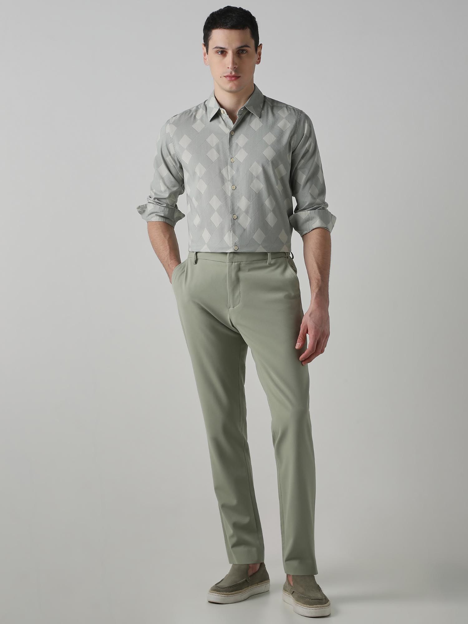 Muted Sage Green Geometric Men Shirt