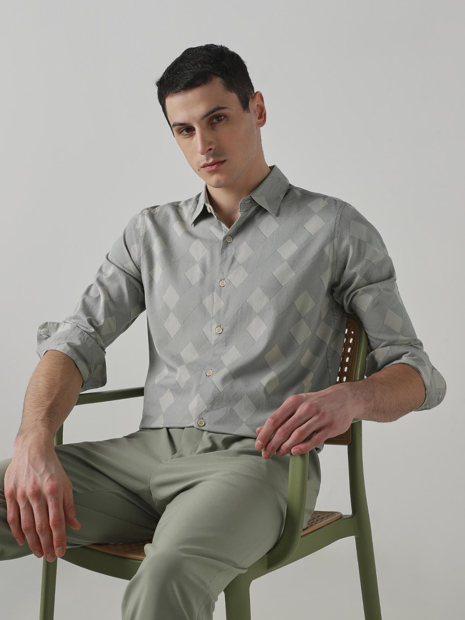 Muted Sage Green Geometric Men Shirt