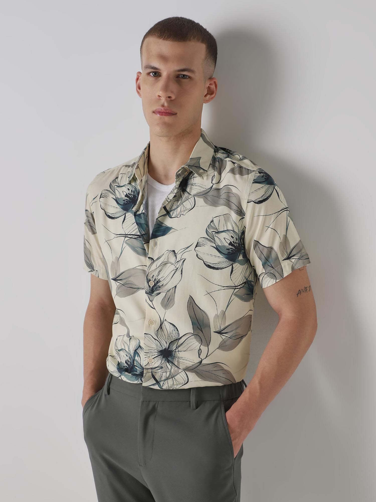 Light Cream Floral Men Shirt