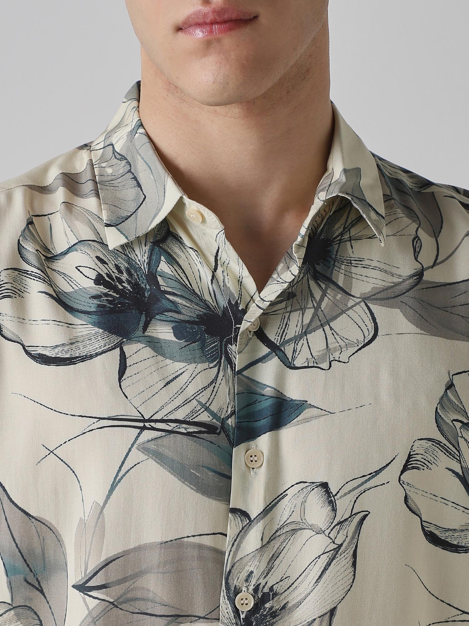 Light Cream Floral Men Shirt