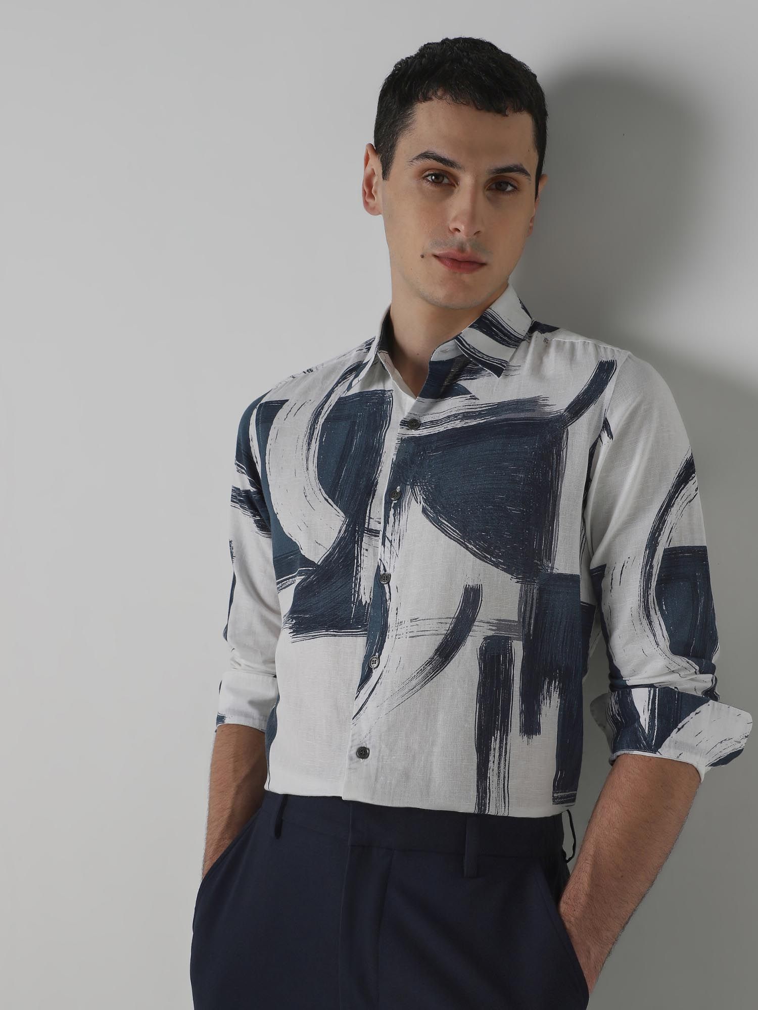 Muted Navy Blue Abstract Men Shirt