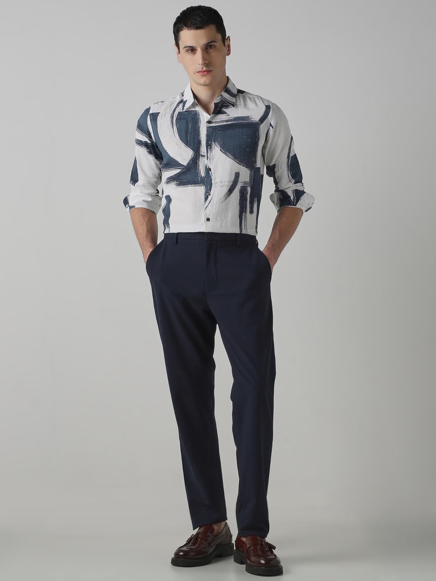 Muted Navy Blue Abstract Men Shirt