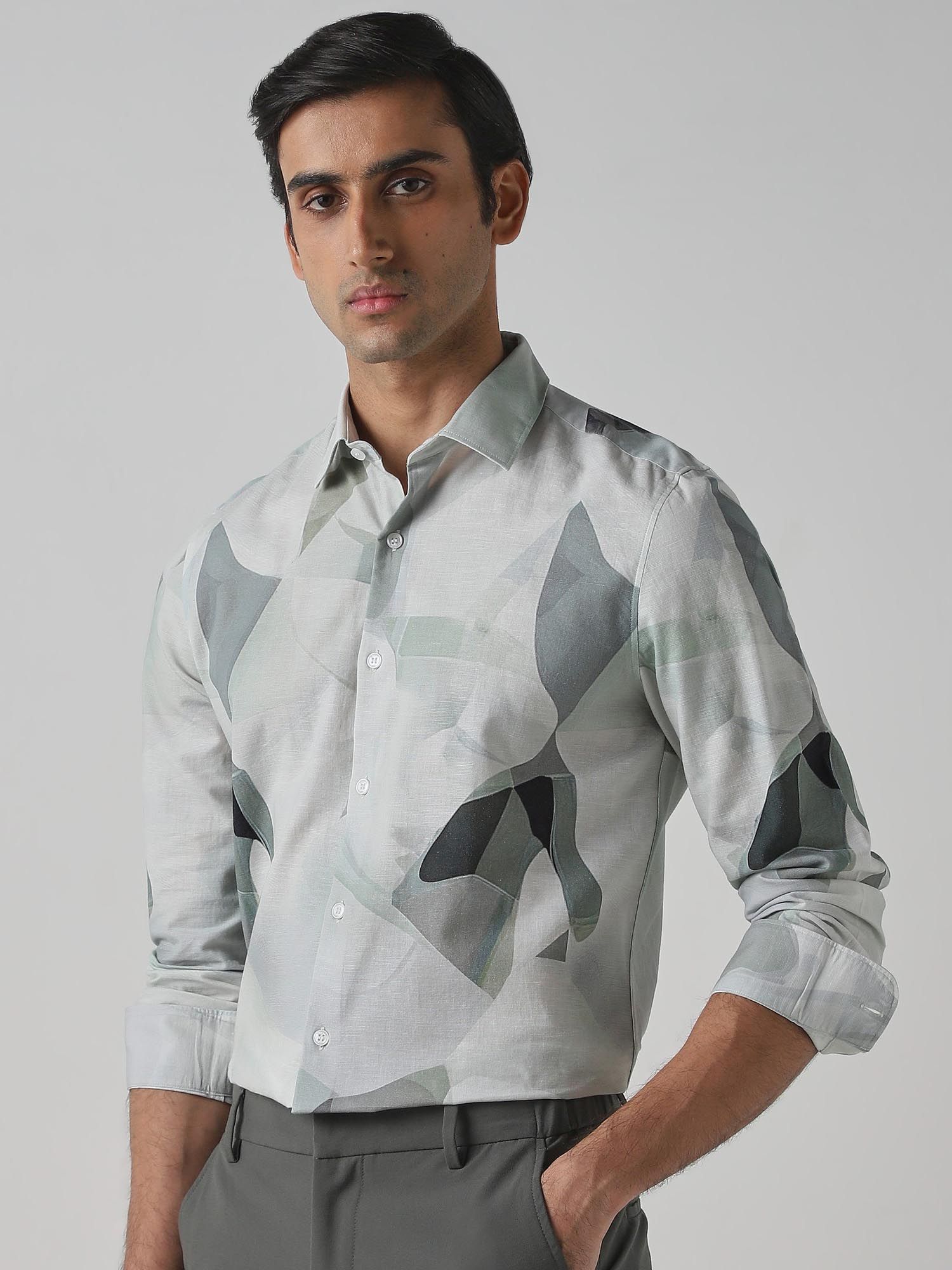 Muted Sage Green Abstract Men Shirt