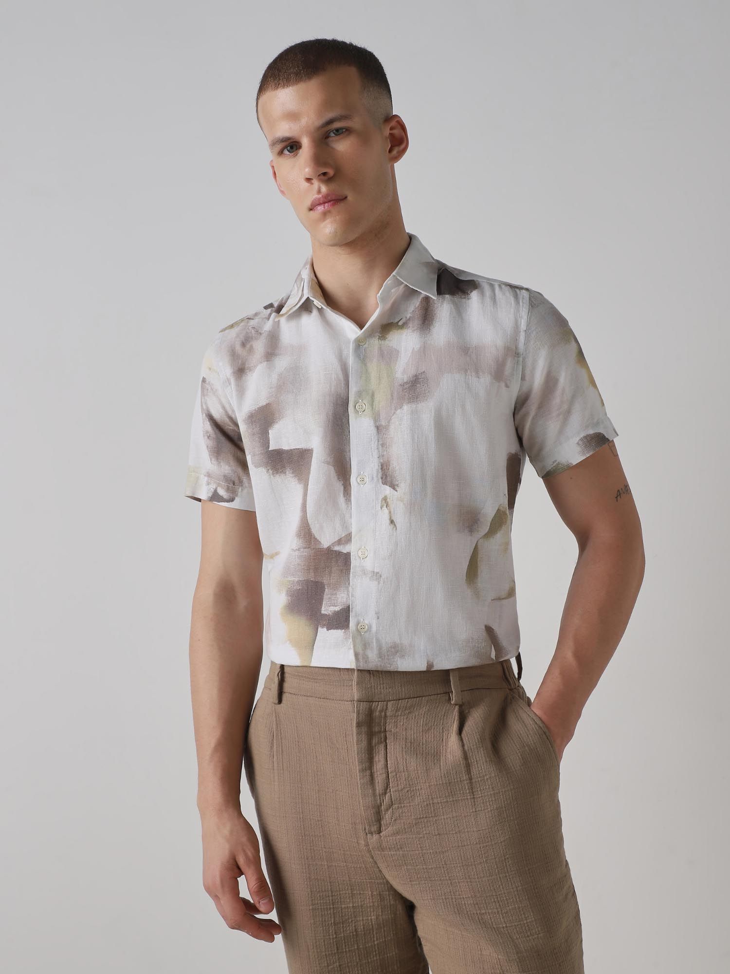 Muted Beige Abstract Men Shirt