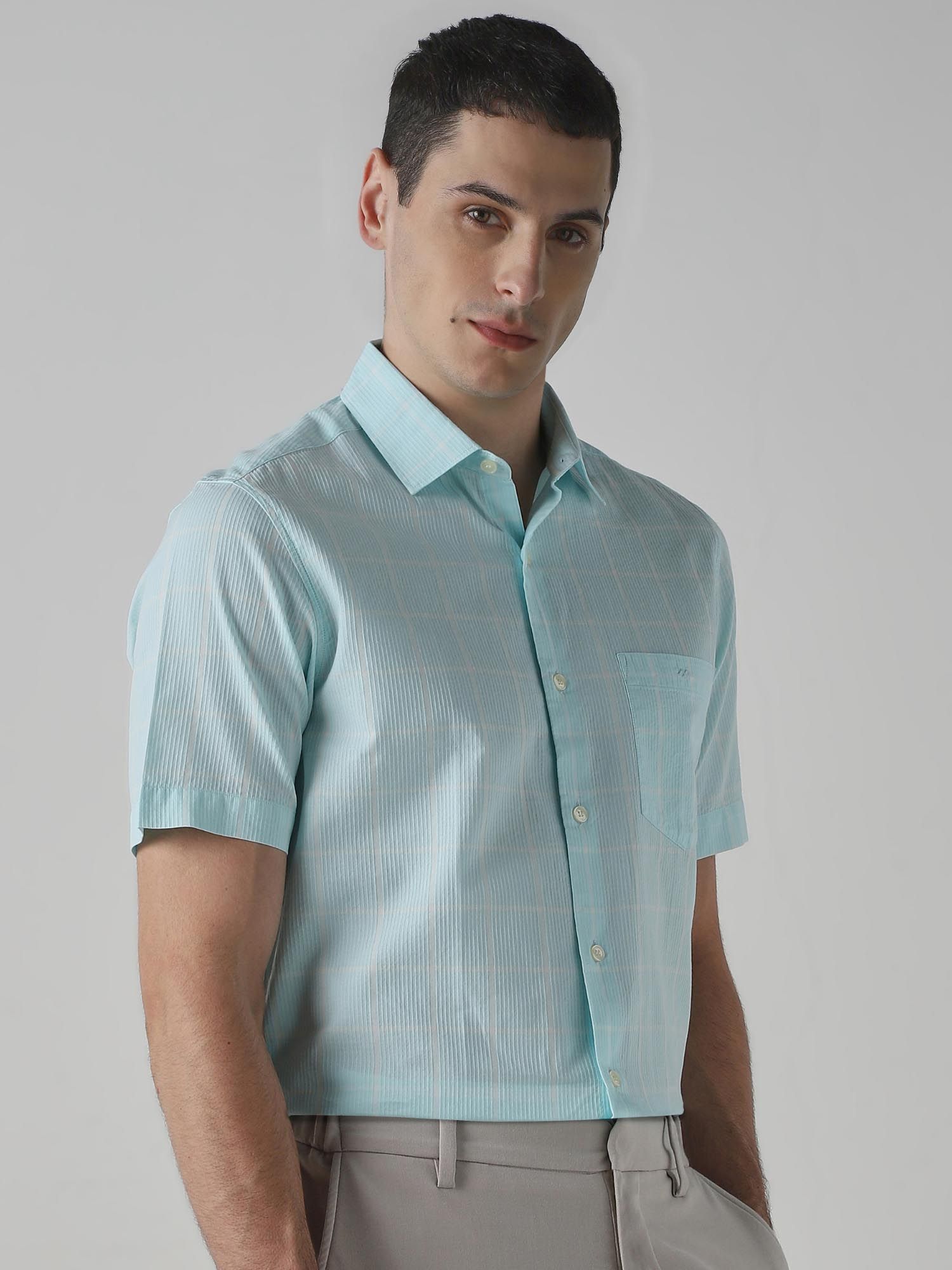 Turquoise Checks Men Shirt