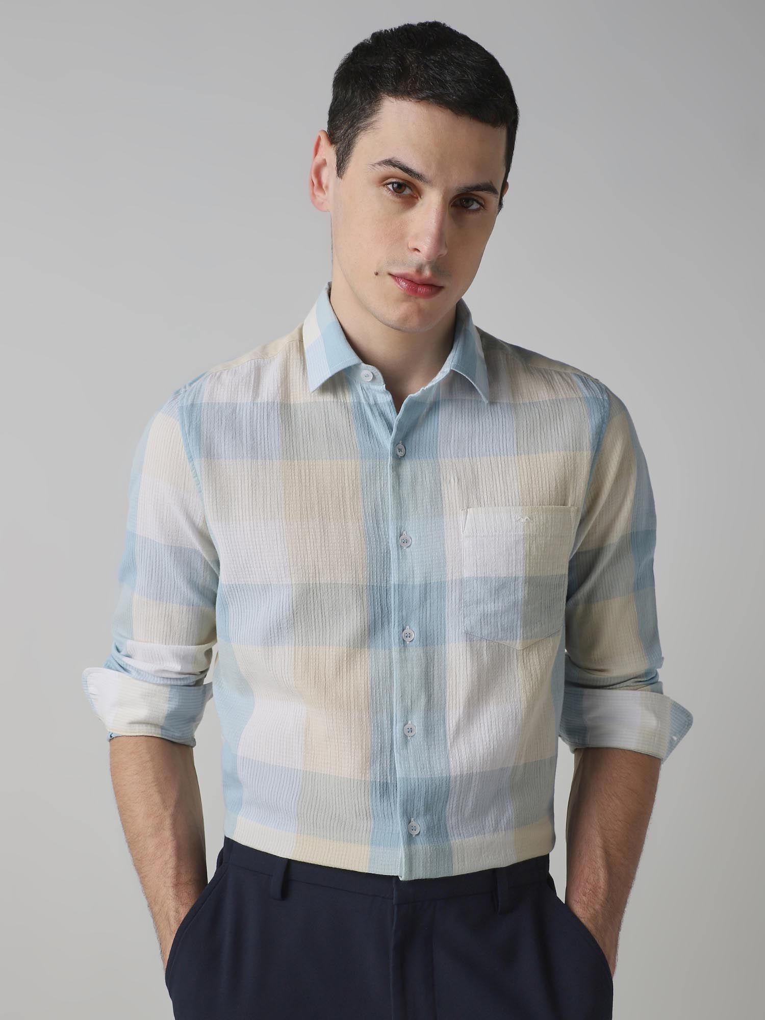 Pastel Blue Checks Men Shirt