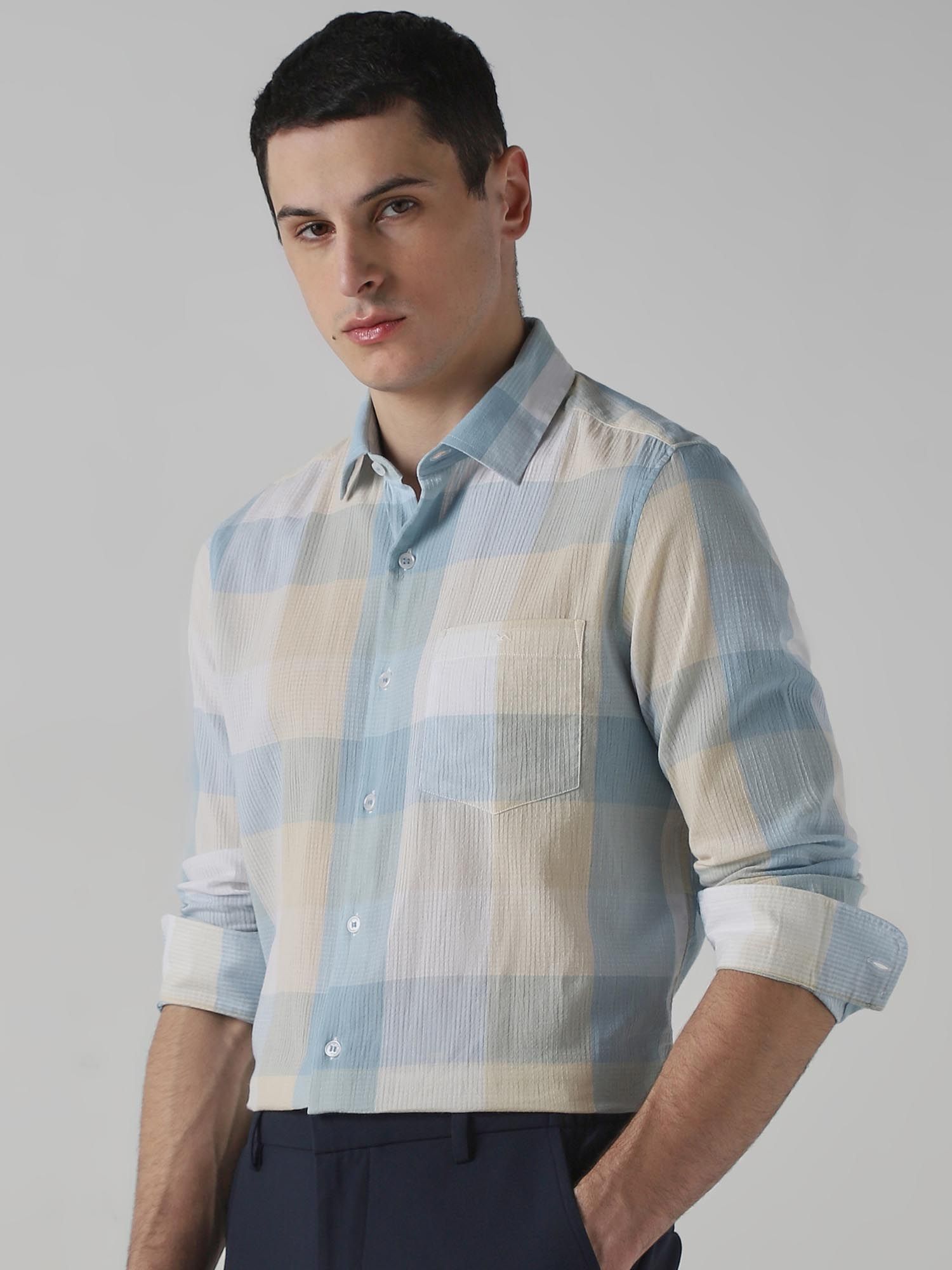 Pastel Blue Checks Men Shirt