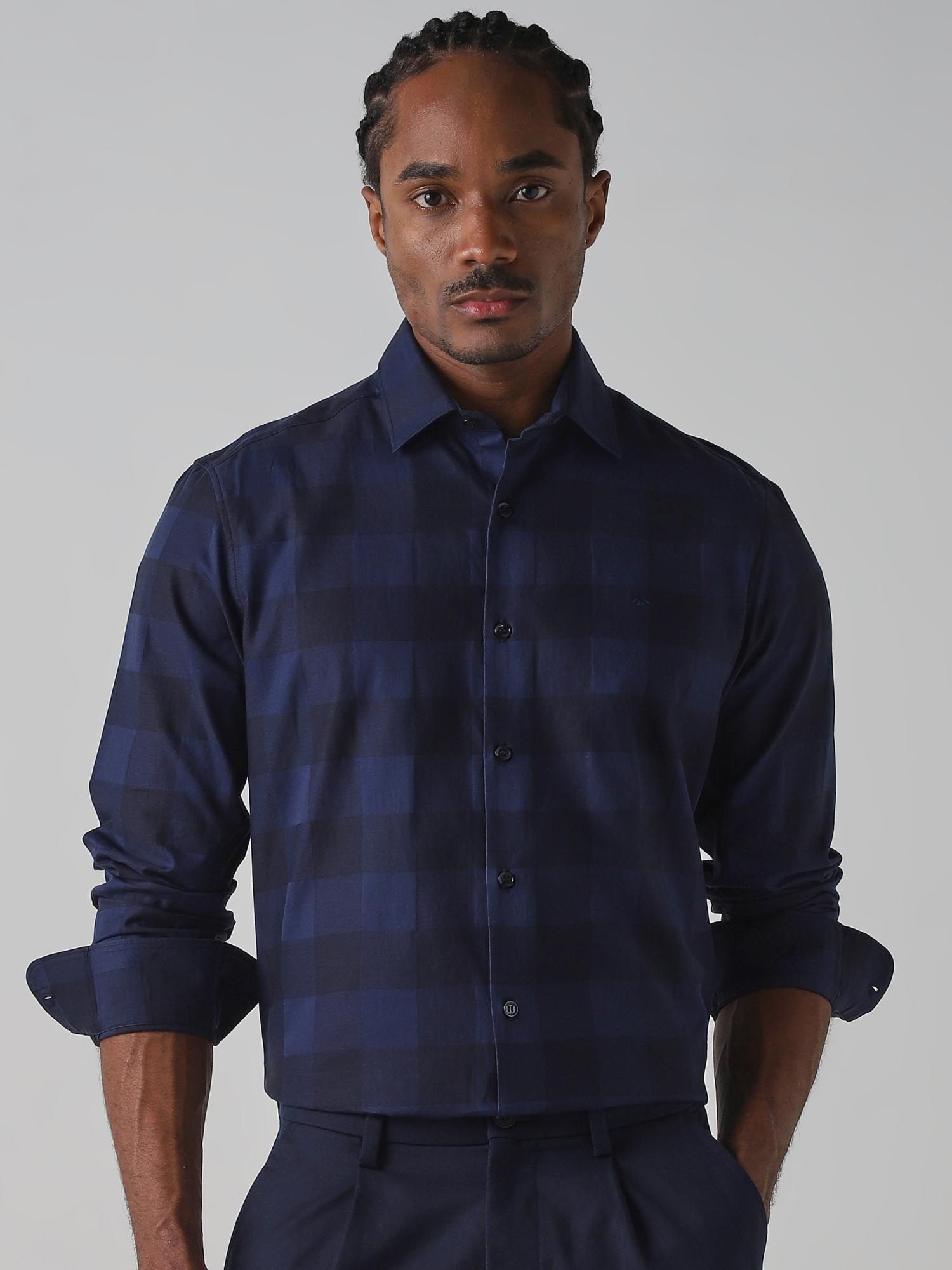 Deep Navy Blue Checks Men Shirt