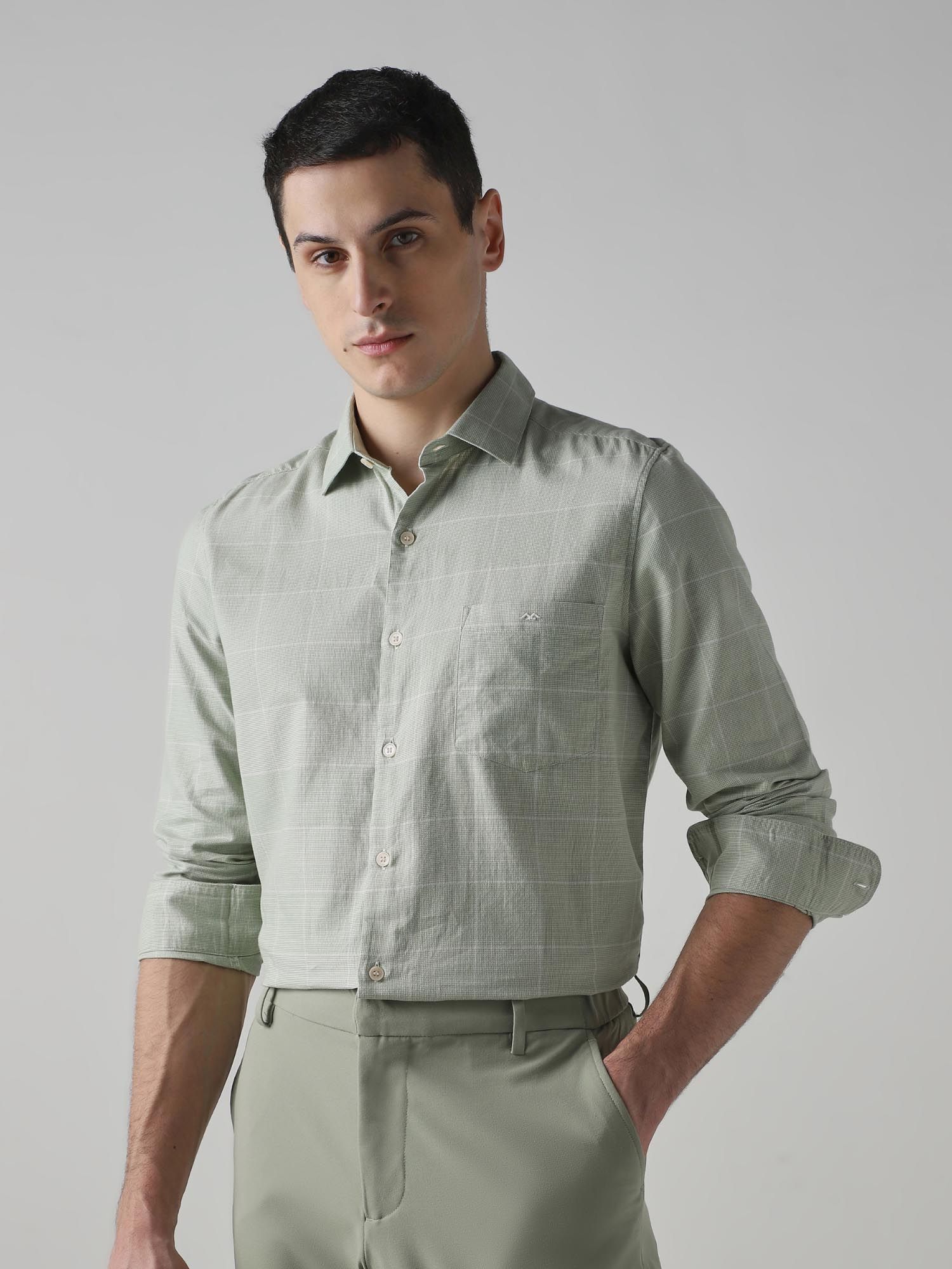 Muted Sage Green Checks Men Shirt