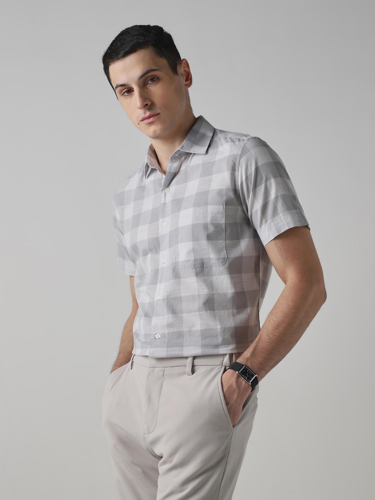 Light Grey Checks Men Shirt