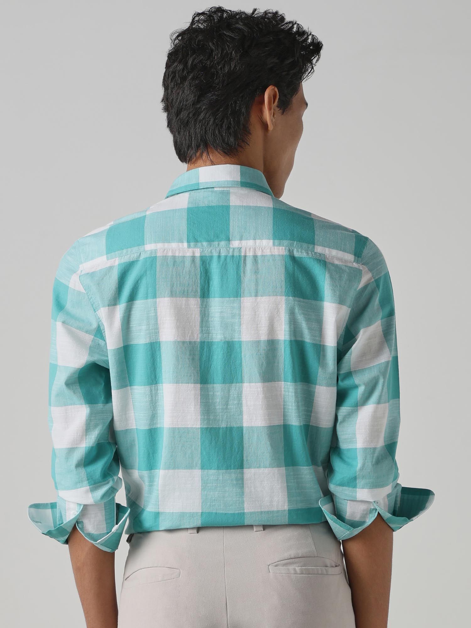 Turquoise Checks Men Shirt