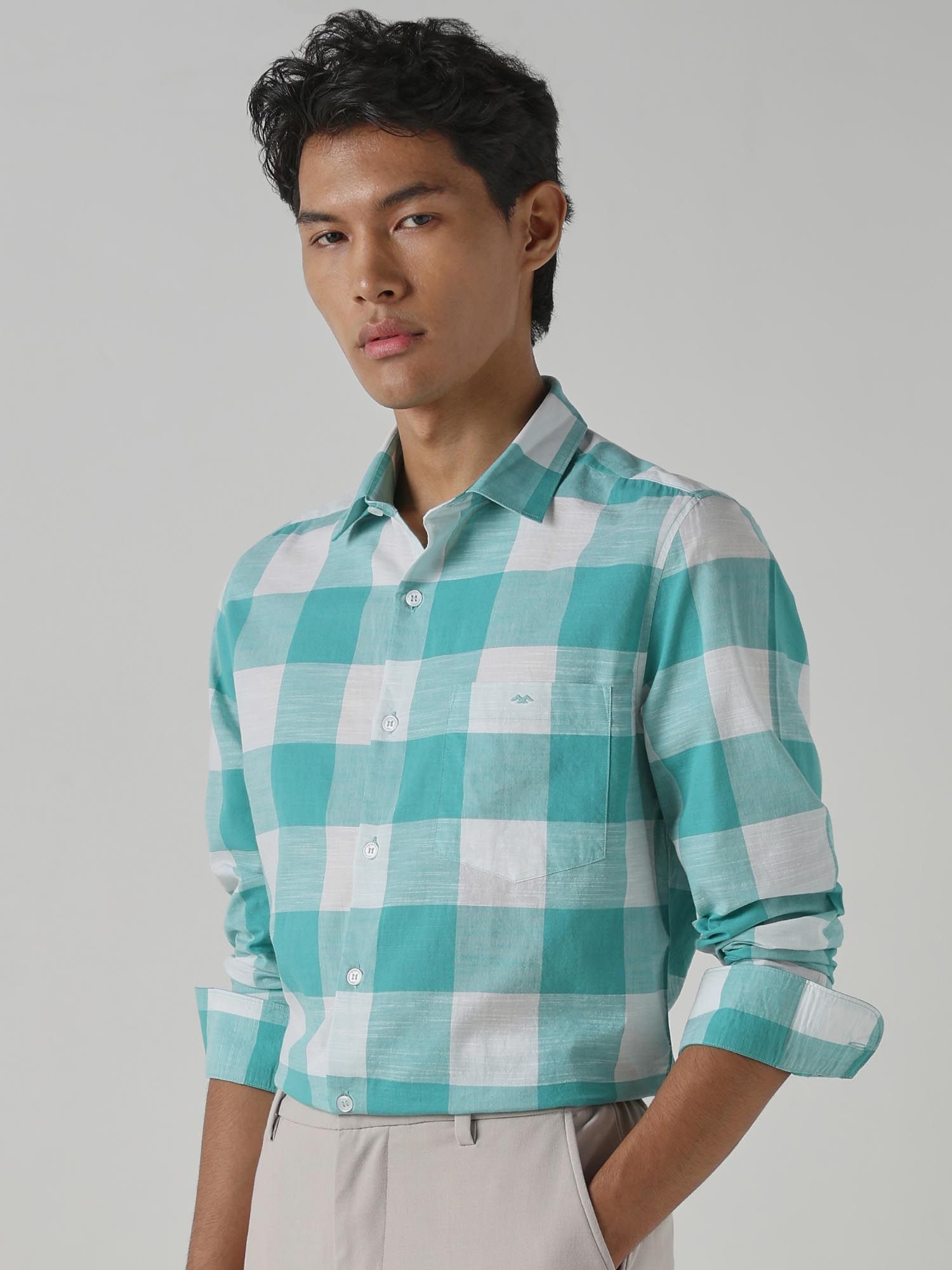 Turquoise Checks Men Shirt