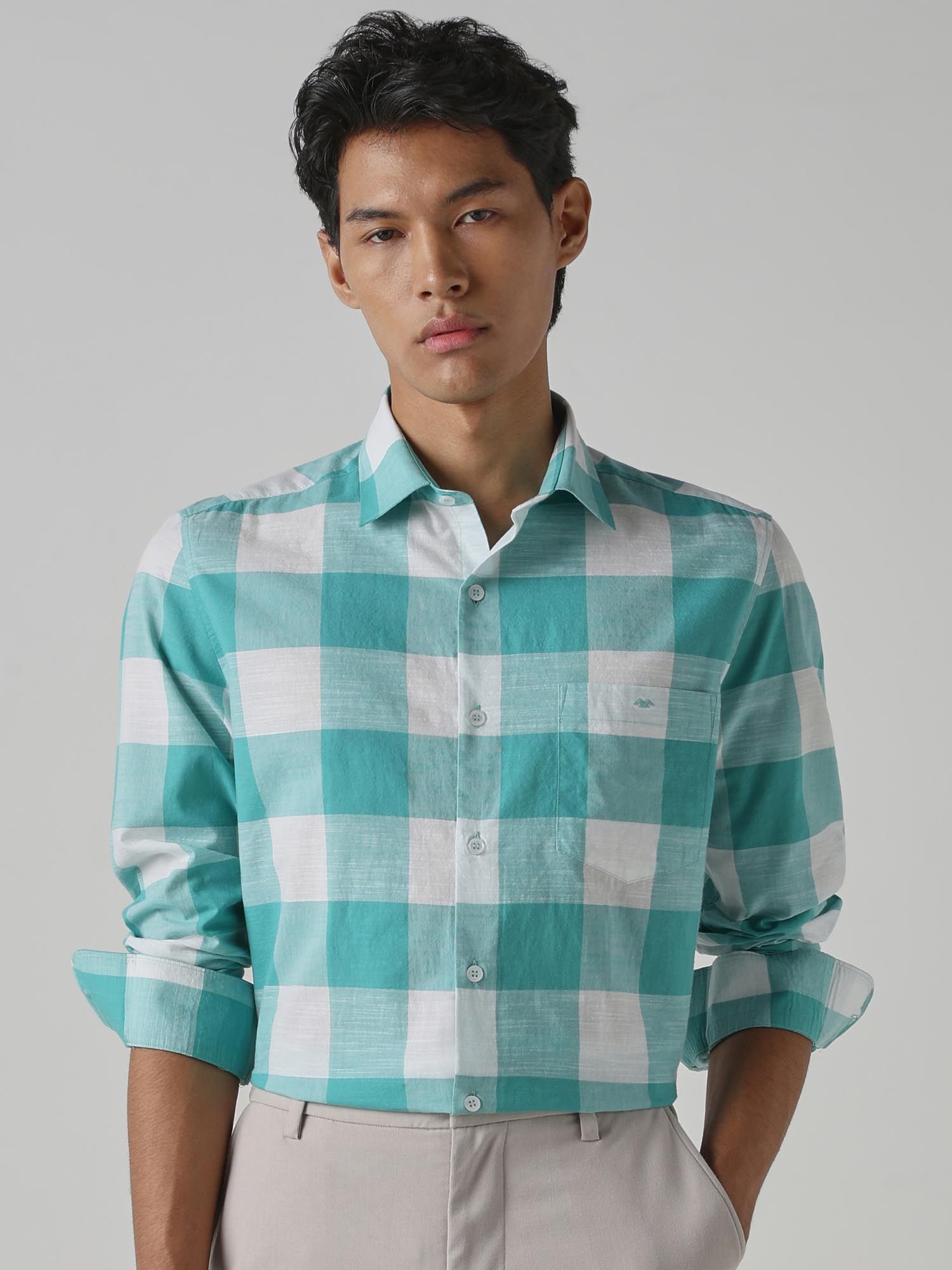 Turquoise Checks Men Shirt