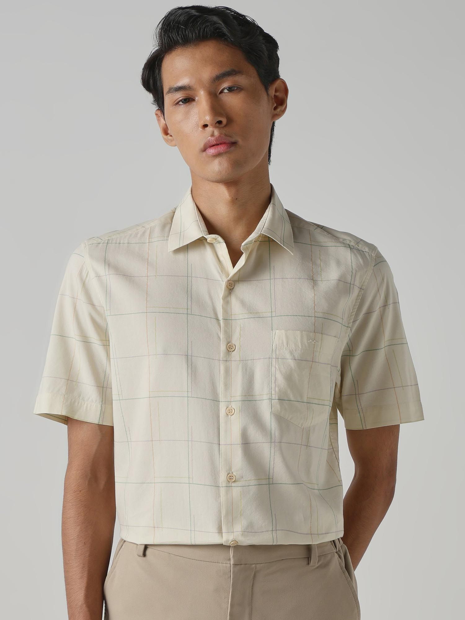Light Yellow Checks Men Shirt