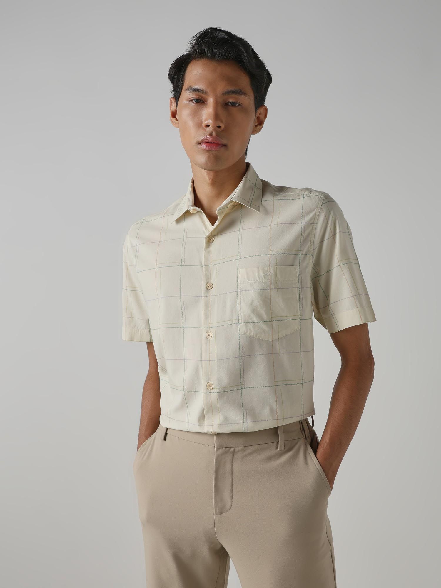 Light Yellow Checks Men Shirt