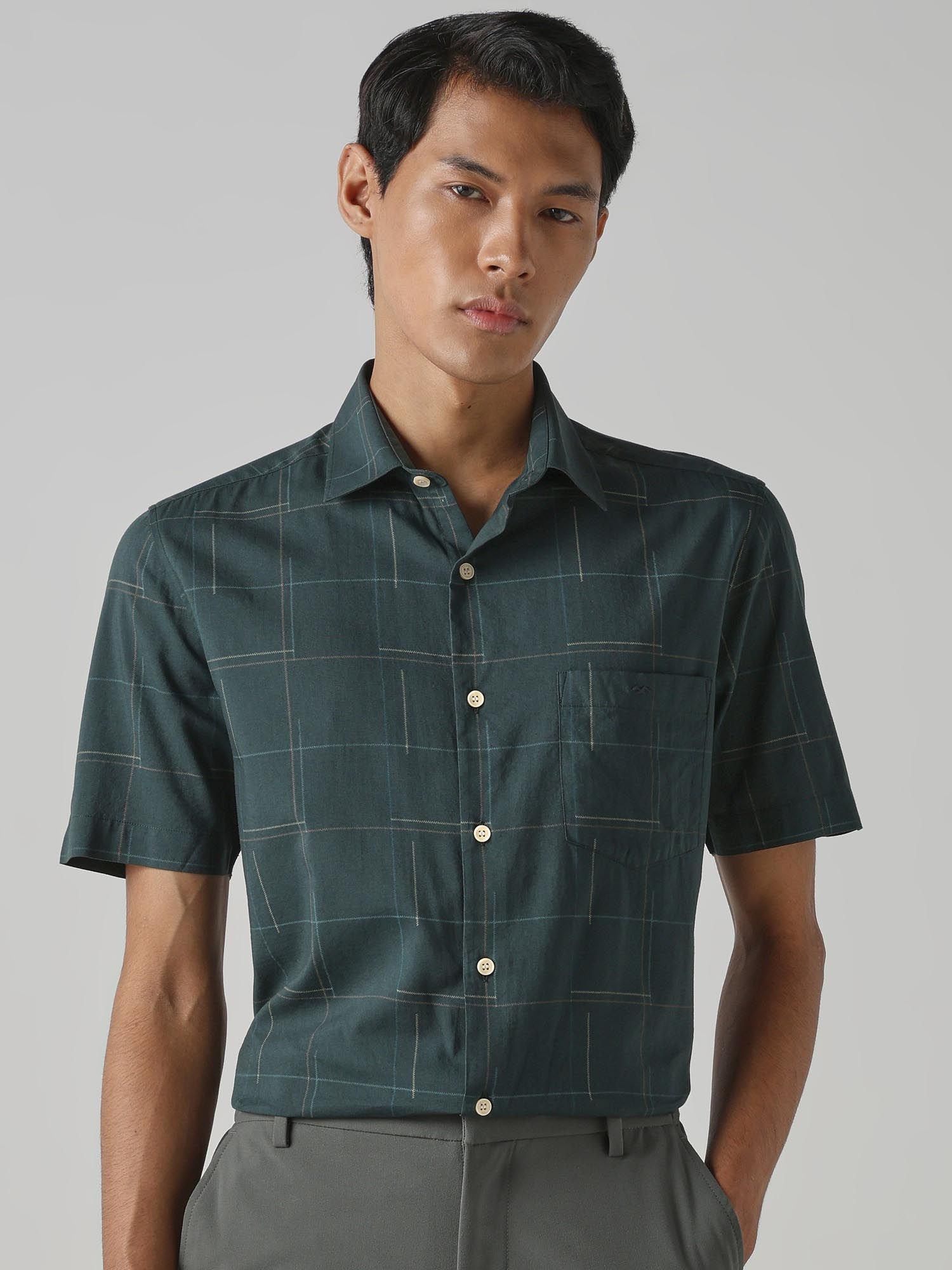 Dark Green Checks Men Shirt