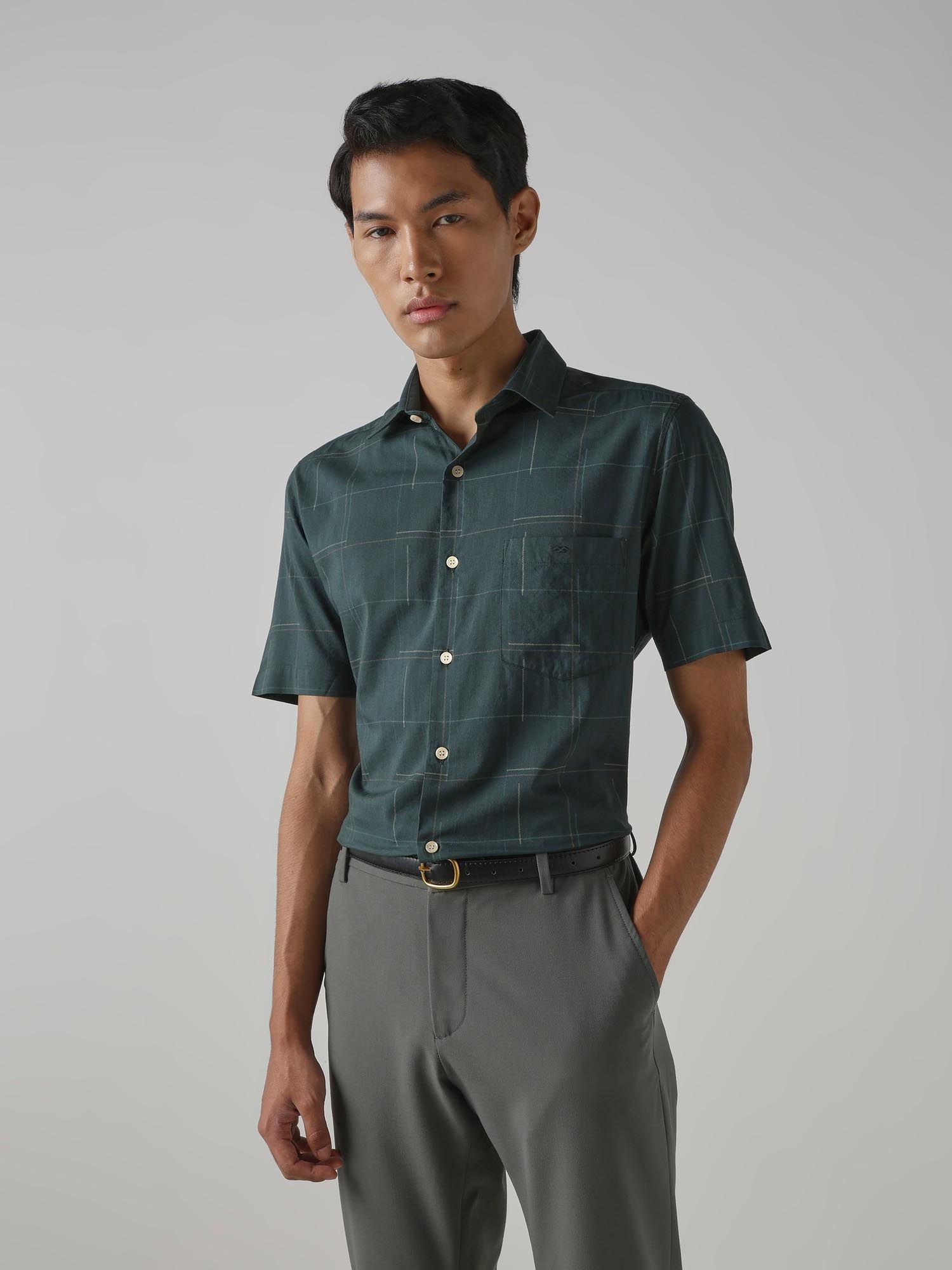 Dark Green Checks Men Shirt