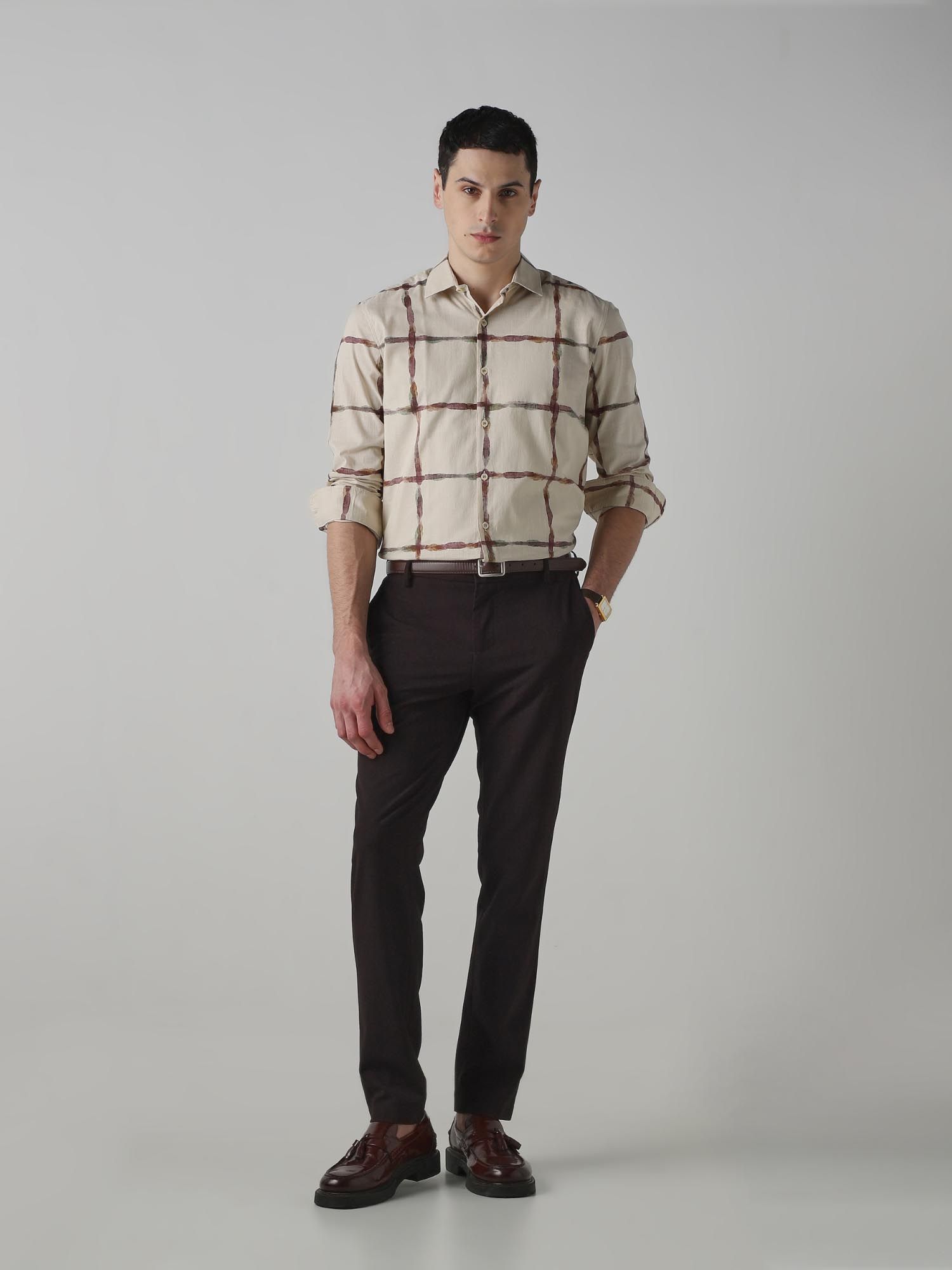Beige Checks Men Shirt
