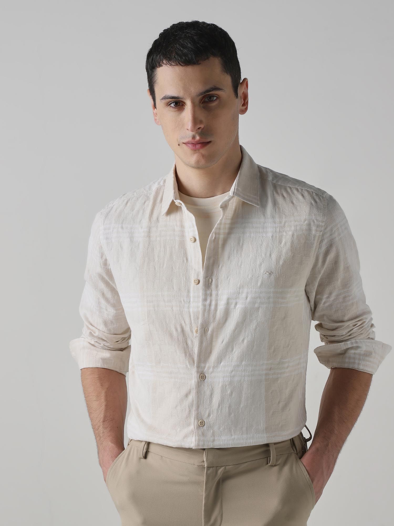Beige Textured Men Shirt