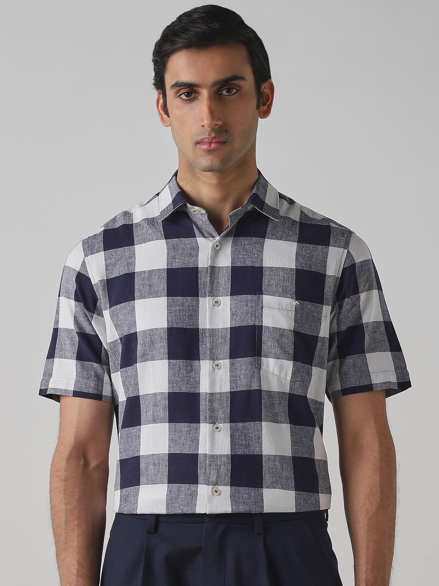 Navy Blue Checks Men Shirt